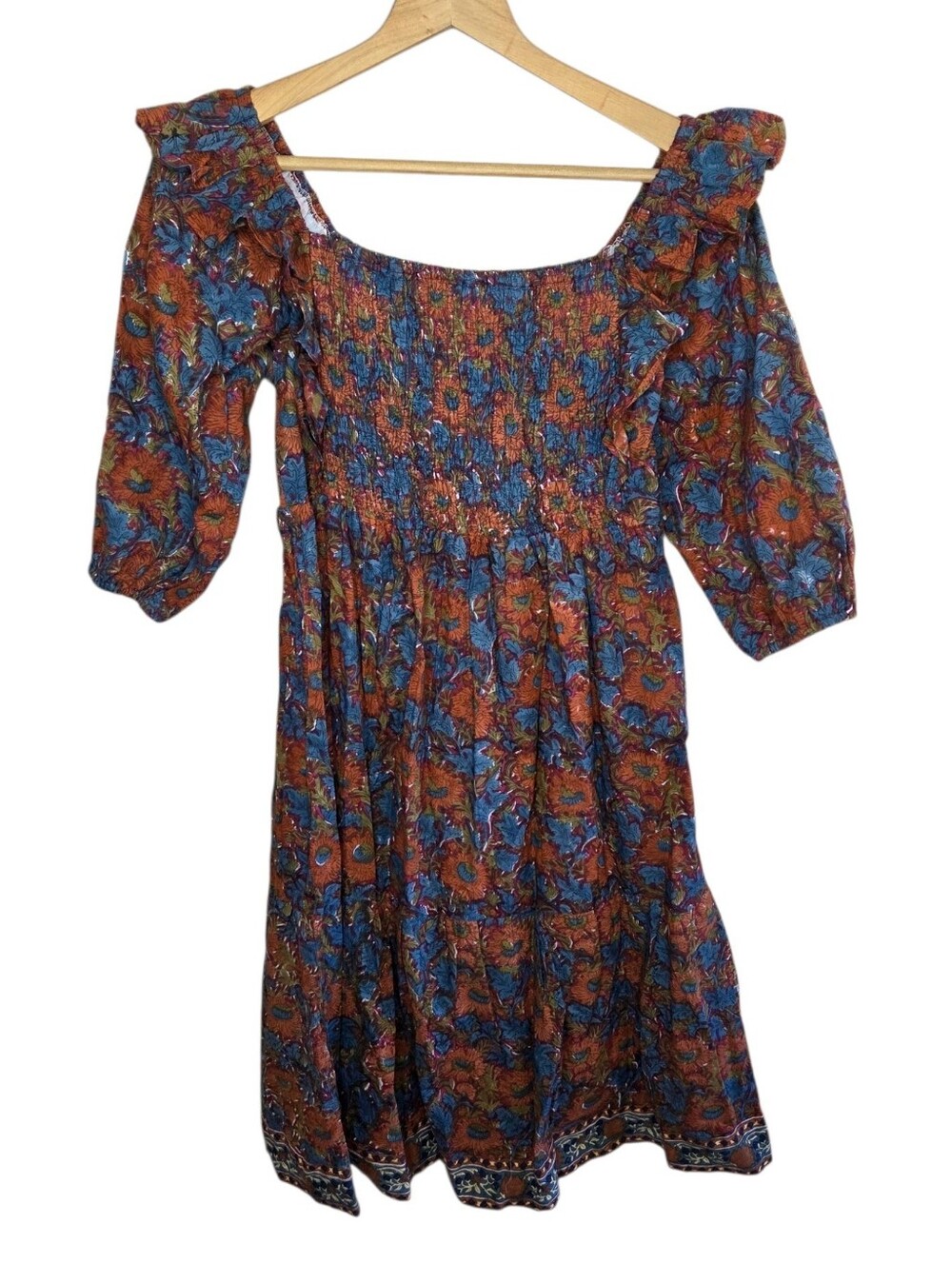 Victoria Dunn Brown Blue Floral Square Neck Ruffled Cotton Dress Size XS Boho